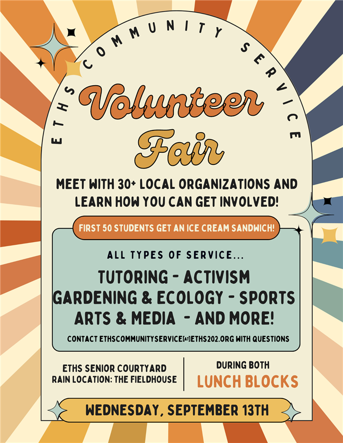 Poster for 2023 Volunteer Fair on 9/13 during lunch in the senior courtyard, rain location is the fieldhouse Poster for 2023 Volunteer Fair on 9/13 during lunch in the senior courtyard, rain location is the fieldhouse