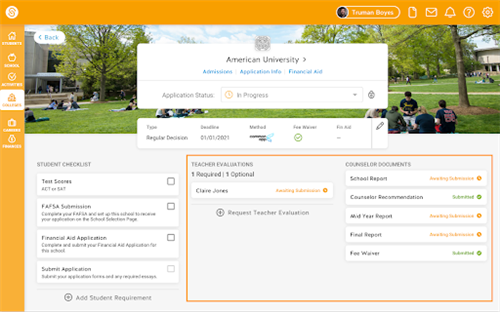 SchooLinks app screenshot showing (1) student checklist, (2) teacher evaluations and (3) counselor documents