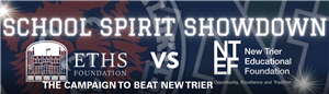 Blue, orange grapic, explaining the School Spirit Showdown between ETHS Foundation and New Trier Educational Foundation