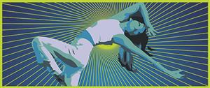 Electric blue and lime green graphic. Foreground: a female in a dance pose on one leg, arched back, leaning back. 