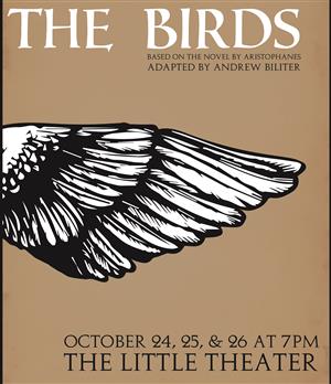 Front cover of play program: brown background with a black and white image of a wing of a bird. Title and day/time of shows.