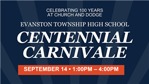 Centennial Carnivale blue graphic with rays in the background. Orange box at the bottom with date and time. Sep. 14, 1-4pm