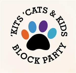 Kits, Cats, and Kids Block Party logo. Multi-color paw with the name of the event in a circle around it.