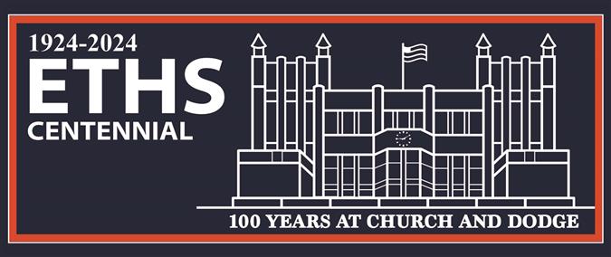 blue graphic with white outline of the front of ETHS, celebrating 100 years at Church and Dodge. blue graphic with white outline of the front of ETHS, celebrating 100 years at Church and Dodge.